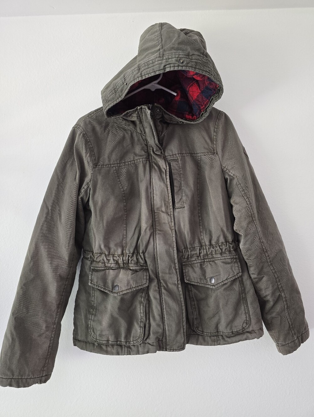 Hollister Olive Green Hooded Jacket with Red Plaid Lining